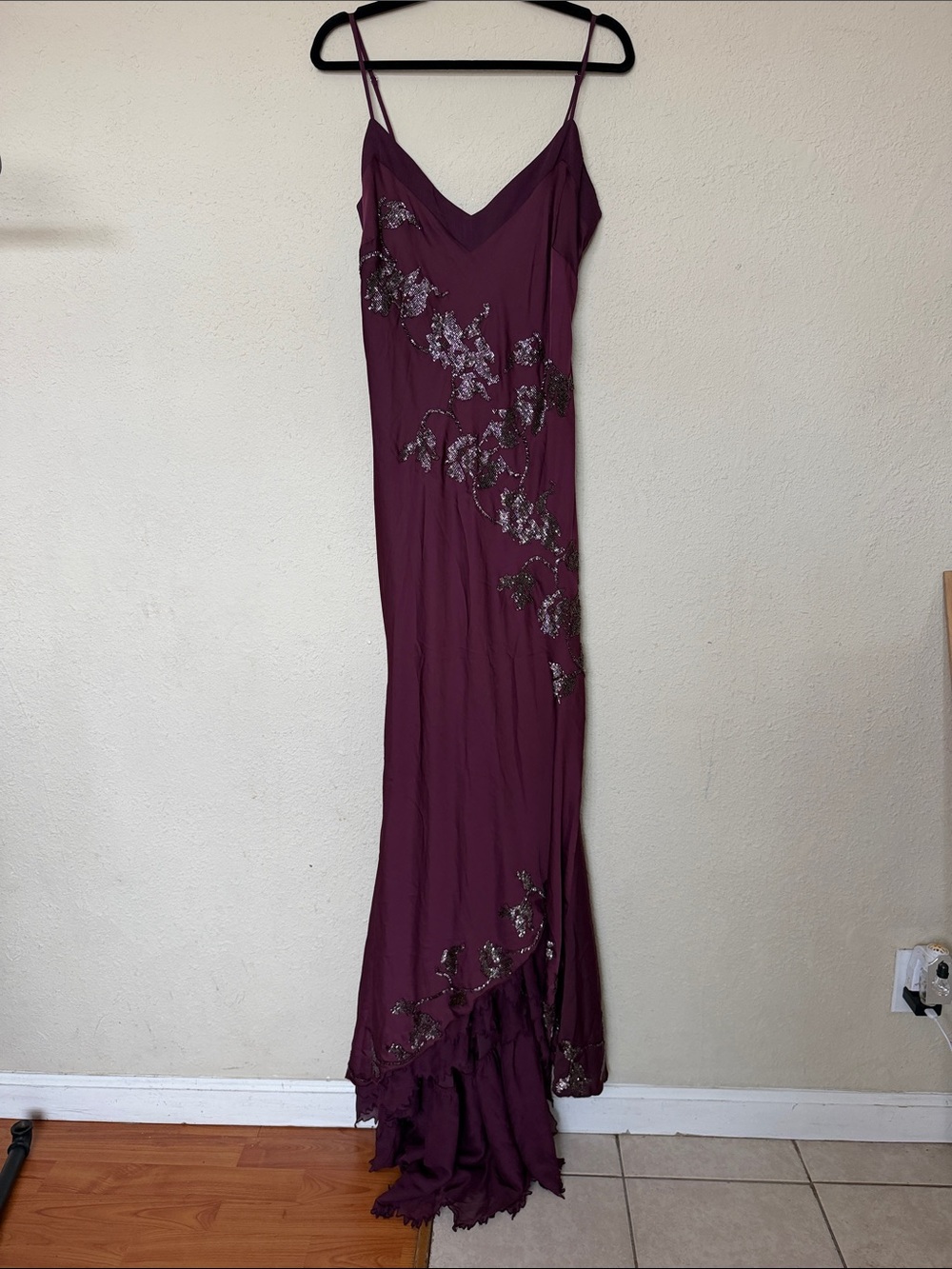 House of CB Anastelle Plum Hand Beaded Embellished Satin Maxi Dress size L - Picture 5 of 12
